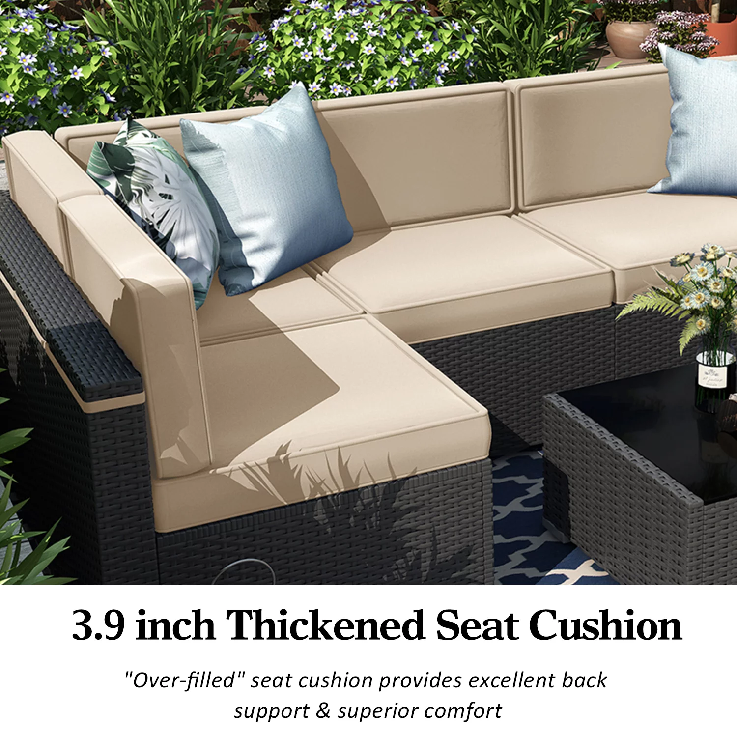 7 Piece Patio Furniture Sets, Outdoor Sectional Patio Conversation Set Wicker Rattan Sofa Chair Set with Cushion and Glass Table