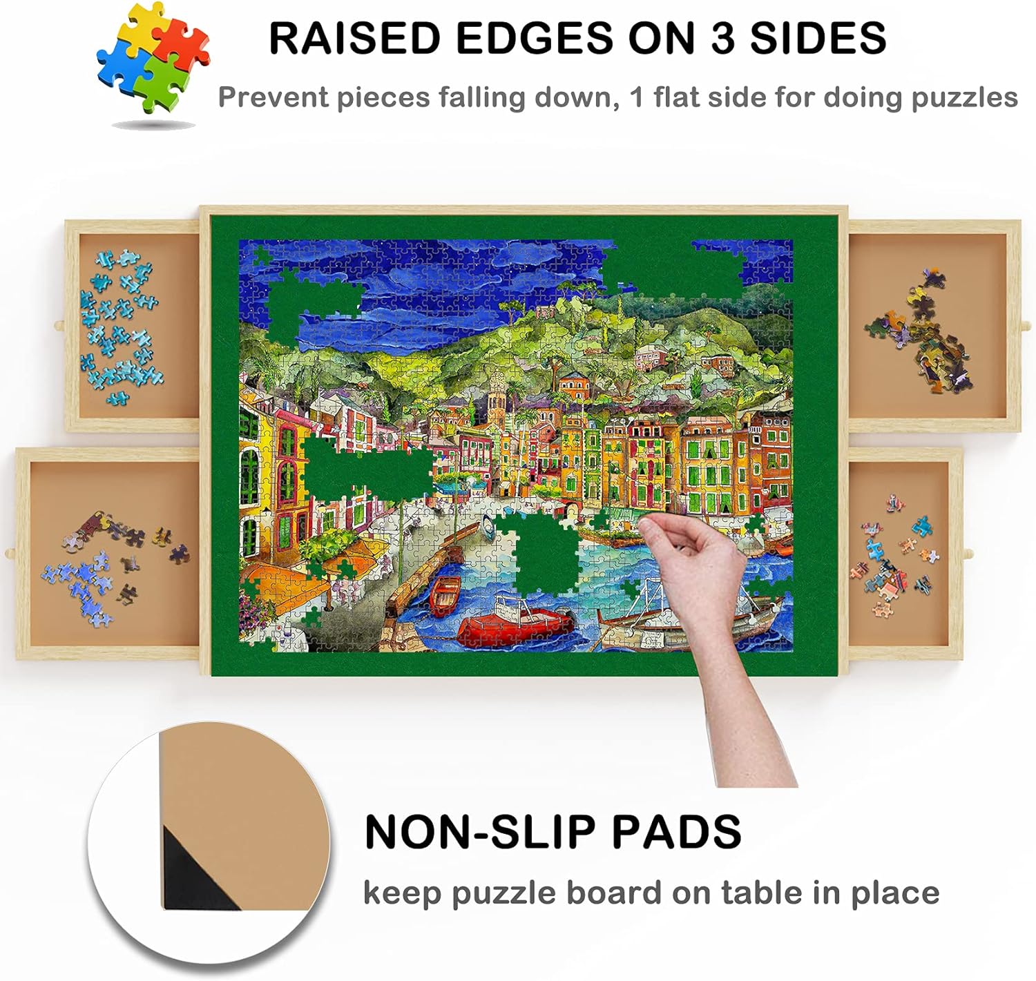 Lovinouse Upgraded 1000 Piece Wooden Puzzle Table with Holder, Jigsaw Puzzles Plateau Puzzle Board with Smooth Fiberboard Work Surface, 4 Sliding Drawers, Puzzle Storage for Teens Adults
