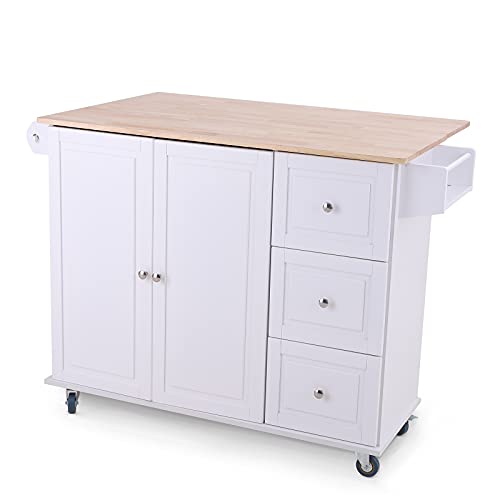 MAISON ARTS Storage Kitchen Island with Drop Leaf on Wheels Rolling Kitchen Cart with 2 Doors & 3 Drawers Rubber Wood Countertop, Grey