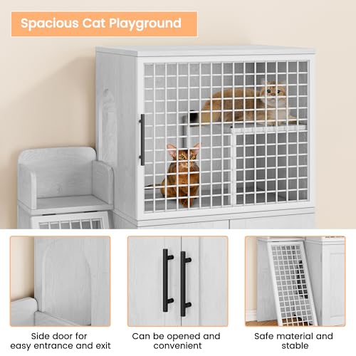 IDEALHOUSE Modern Villa Cat Litter Box Enclosure with Platform,Double Layer Cat Litter Hidden Furniture,Hidden Cat Washroom Furniture Indoor, Cat House with Ladder,33.5" L x 17.9" W x 41.9" H,Wax Wood