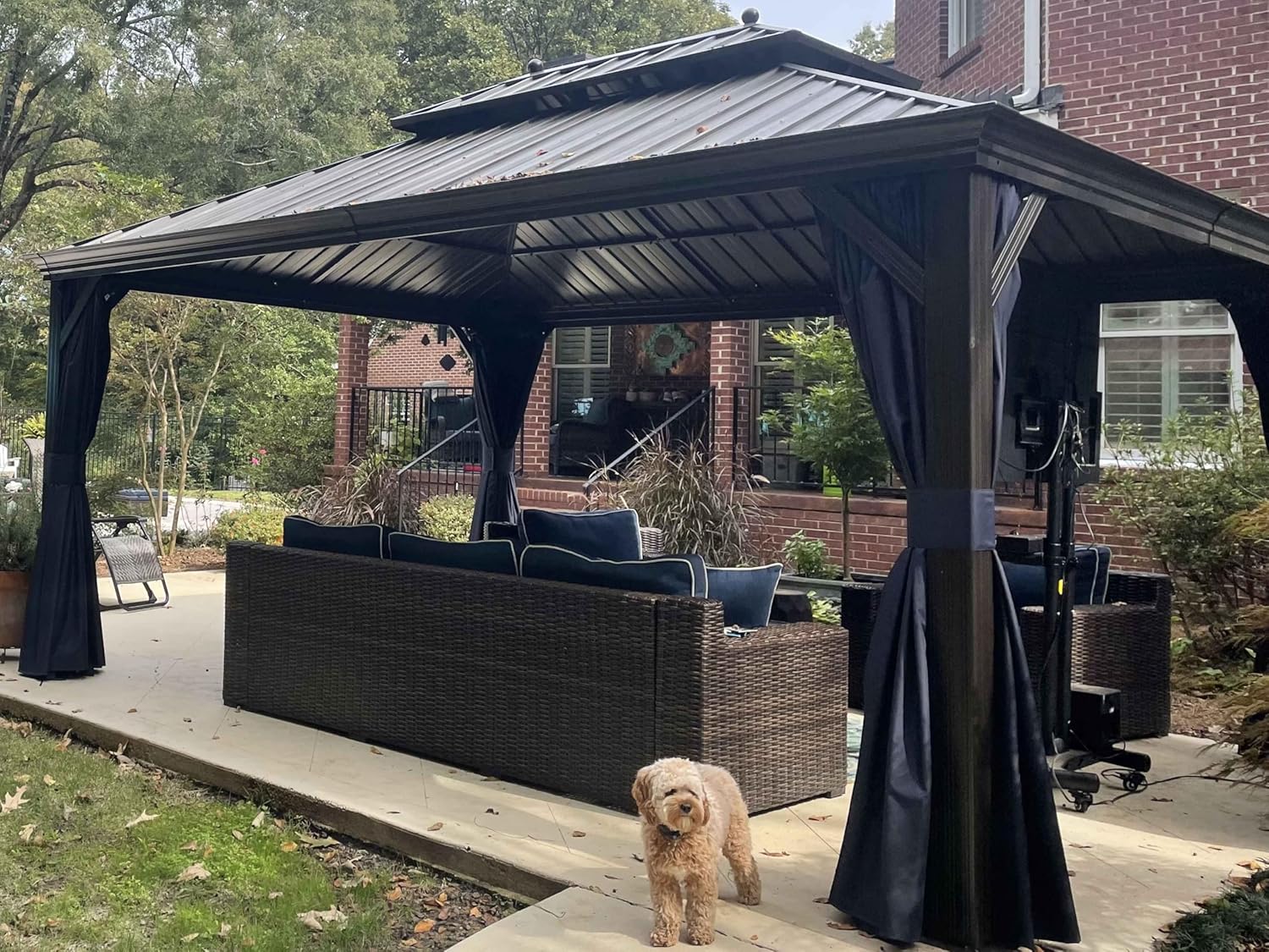 PURPLE LEAF 12' X 16' Permanent Hardtop Gazebo for Patio with Netting and Curtains Deck Backyard Heavy Duty Sunshade Metal Roof All Weather Outdoor Pavilion Canopy with 24 LED Hanging String Lights