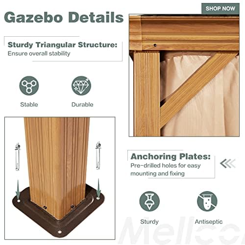 MELLCOM 12'x16' Hardtop Gazebo, Galvanized Steel Metal Double Roof Canopy with Curtains and Netting, Brown Permanent Pavilion Gazebos with Aluminum Frame for Garden, Patio, Lawns, Deck