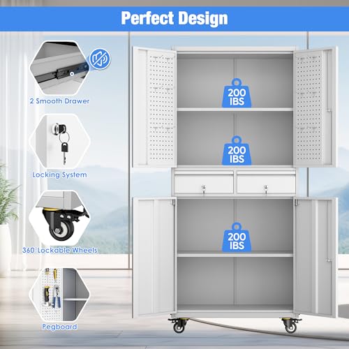 73" H Metal Storage Cabinet with Wheels, Garage Storage Cabinet with 4 Adjustable Shelves and Lockable Doors for Garage Home Office Utility Room,Required Assembly,Black