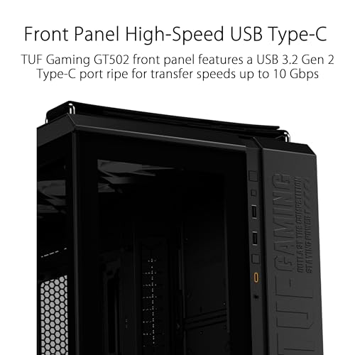 ASUS TUF Gaming GT502 Plus TG ARGB Black Gaming PC Case, Mid ATX, Dual Camera, Toolless Side Panels, USB 3.2 Gen2 Type-C, 4 Pre-Installed ARGB Fans, Black