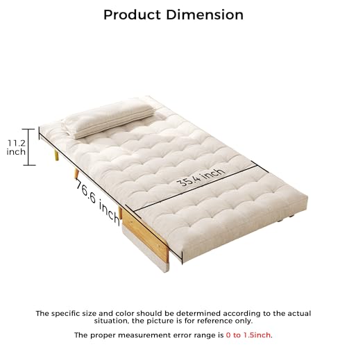 3-in-1 Convertible Chair Bed Sleeper for Adults, Linen Convertable Sleeper Chair with Wooden Arms & Pillows, Foldable Single Futon Sofa Bed (Mid Century with Walnut Arm, 36.6" Wide)