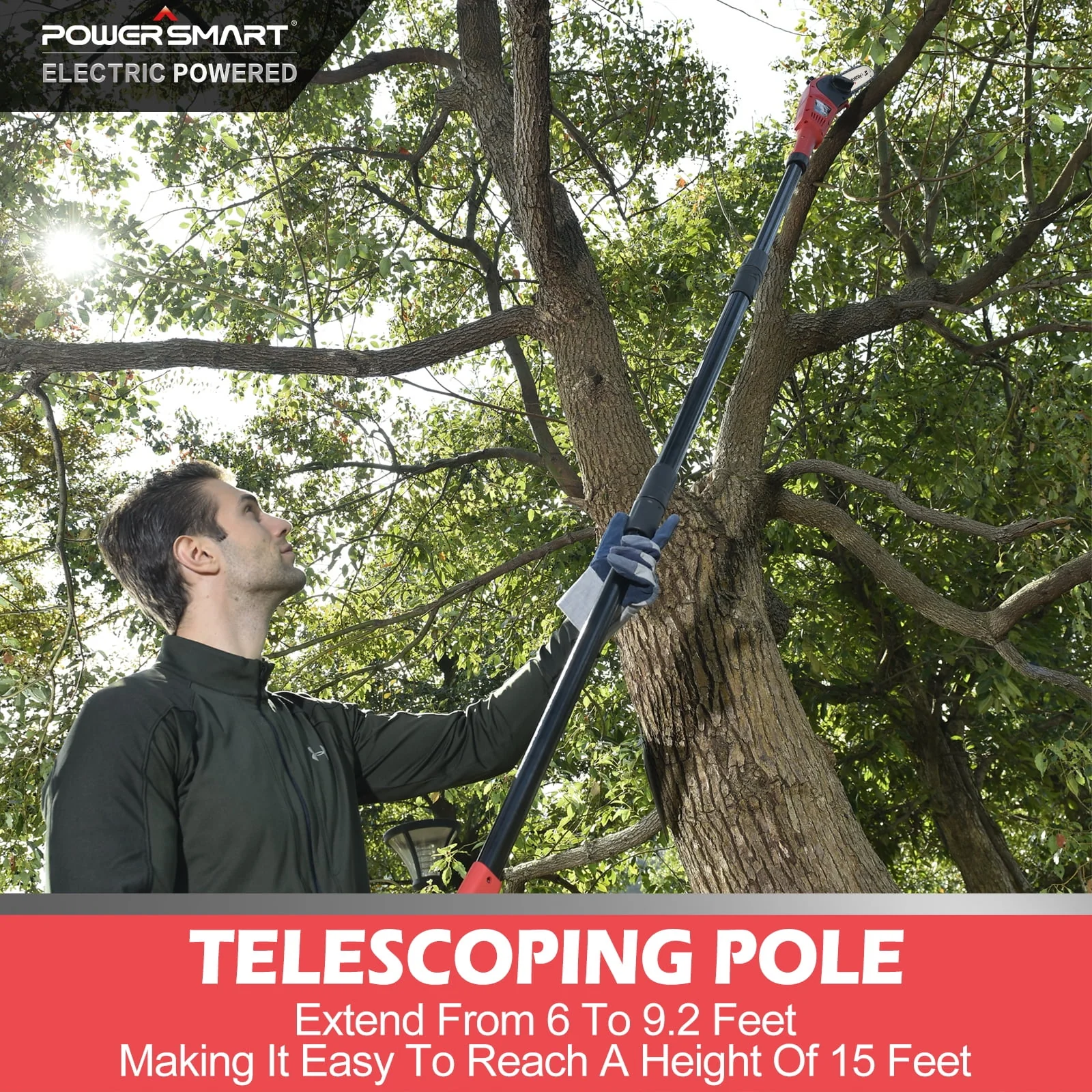 PowerSmart Corded Electric Pole Saw, for Tree Trimming with Oiling System, Reach up to 15 feet, 10-inch 7lb Pole Chainsaw