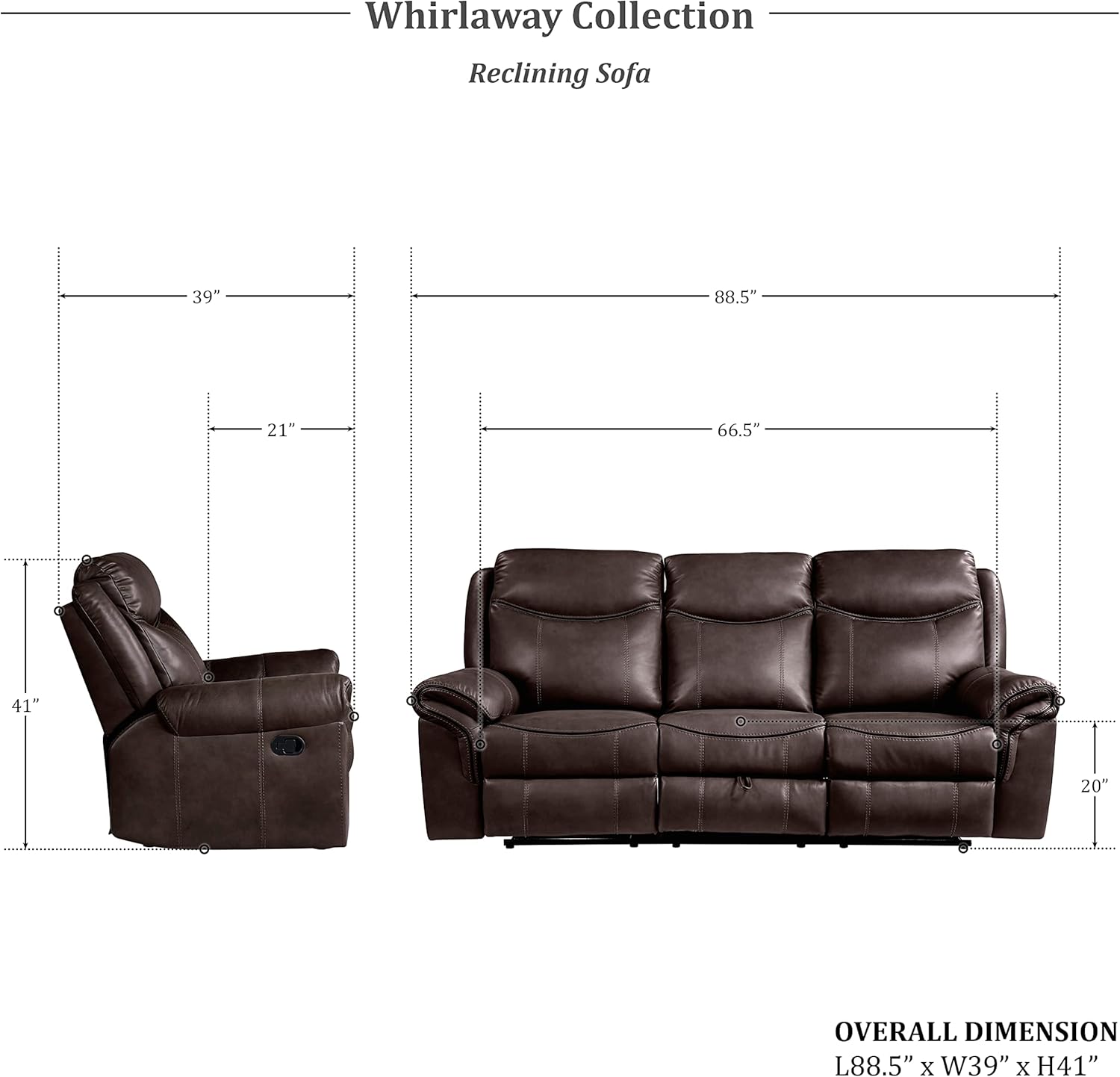 Lexicon Whirlaway Manual Reclining Living Room Sofa Set, 3-Piece, Dark Brown