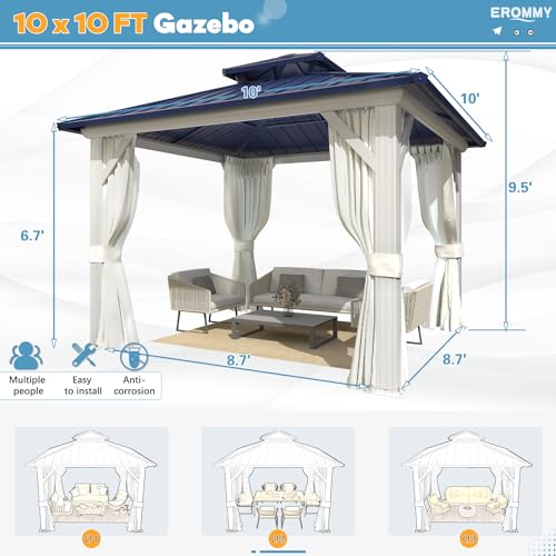 EROMMY 14'x20' Hardtop Gazebo Double Roof Galvanized Steel Canopy Outdoor Aluminum Frame Permanent Metal Pavilion with Netting and Curtains for Patio Backyard Deck and Lawns