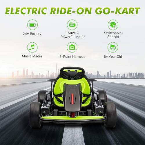 Go Kart, Electric Drift Kart Car with Adjustable Seat, 24V 7Ah Outdoor Ride On Toy, 2 * 200W Motor, 8.1 MPH, LED Lights, Toy Race Car for Kids 6-12 Years Old