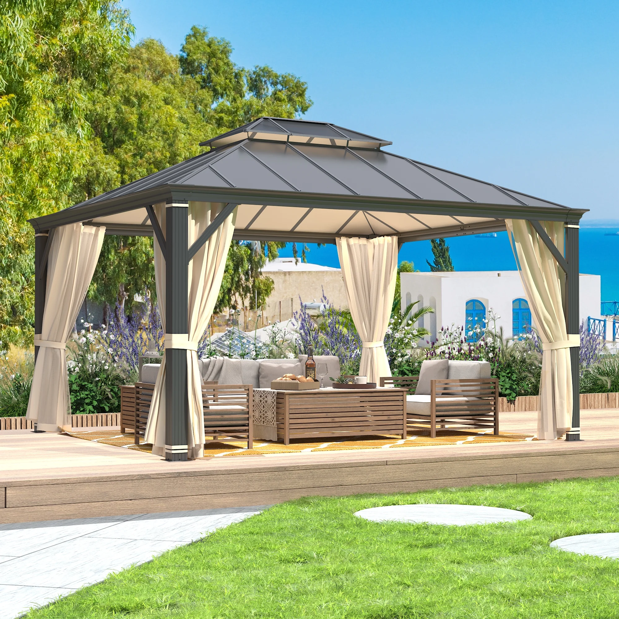 Richryce 12'x14' Hardtop Gazebo Patio Furniture, Aluminum Frame Double Roof, Privacy Curtains and Premium Net for Patio Lawn and Garden
