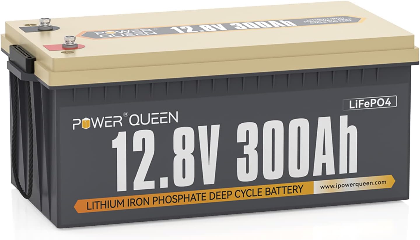 Power Queen 12V 300Ah 3.84kWh LiFePO4 Lithium Battery, Built-in 200A BMS, 2560W Power Output, Max. 61.44kWh Energy Expansion, 4000+ Deep Cycles, 10-Year Life, Perfect for Solar, RV, Marine, Off-Grid
