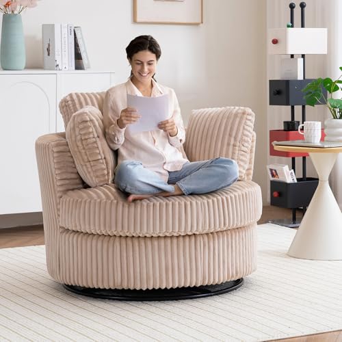 Chair and A Half with Ottoman, 360° Swivel Accent Barrel Chair Modern Comfy Round Reading Sofa Swivel Chairs Circle Lounge Chair for Bedroom Living Room w/4 Pillow Lower Seating Heigh (White, Large)