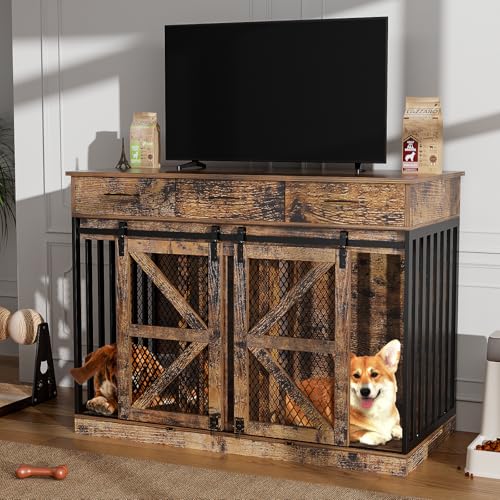 48'' Dog Crate Furniture with Removable Divider & Storage Drawers, Wooden Double Dog Cage TV Stand with 2 Sliding Barn Doors, Multi-Functional Dog Crate End Table for Indoor use (White)
