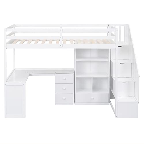 Harper & Bright Designs Twin Size Loft Bed with Storage Stairs, Wood Loft Bed with Wardrobes Space Saving Loftbed Frame for Kids & Teens Bedroom, White