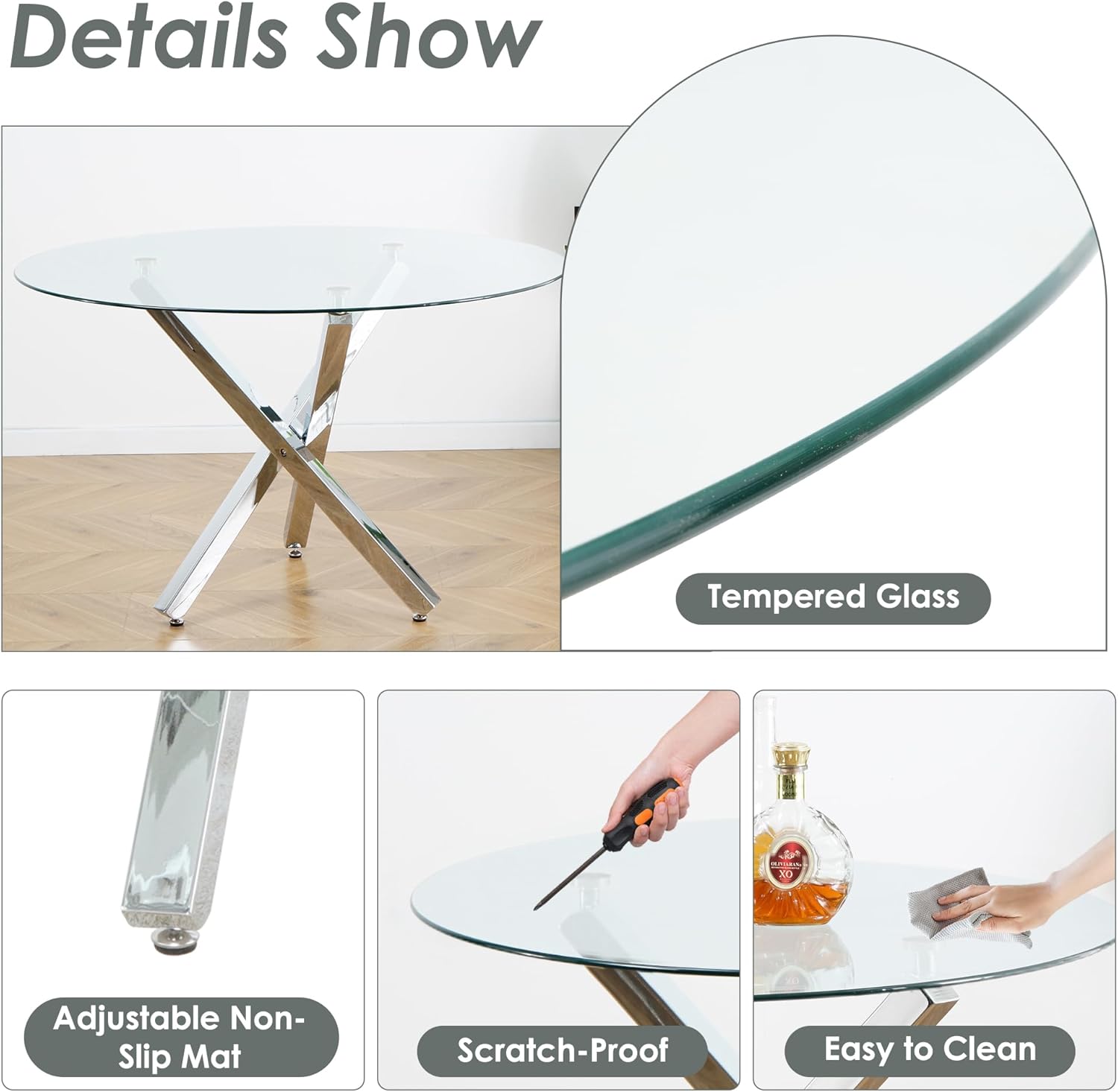 Baysitone Round Glass Dining Table Set for 4, 47'' Circle Dining Table Set, Durable Glass Dining Room Table Set with 4 Clear Acrylic Chair, Kitchen Table Chairs Set with Square Base for Home
