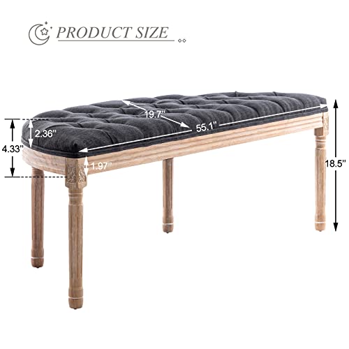 55" End of Bed Bench Vintage Half Moon Upholstered Fabric Semi-Circle Entryway Bench with Padded Seat & Rubberwood Legs, Tufted Dining Bench for Bedroom Living Room Hallway, Beige
