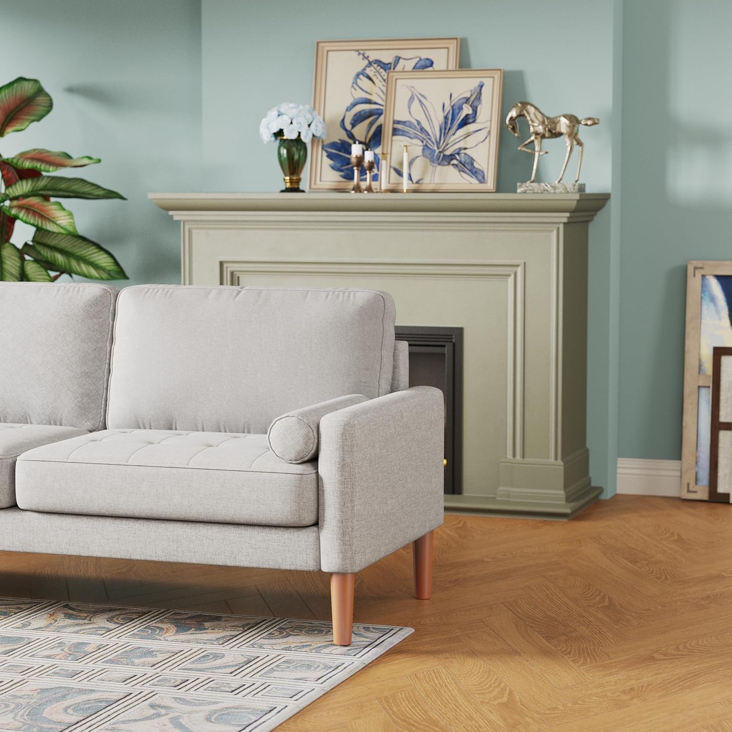 Modern Upholstered Linen Comfy Loveseat: 68" Mid Century 2 Seater Couch - Button Tufted Seat Cushion Sofa with 2 Bolster Pillows - Small Couches for Living Room Apartment Office Bedroom (Beige)
