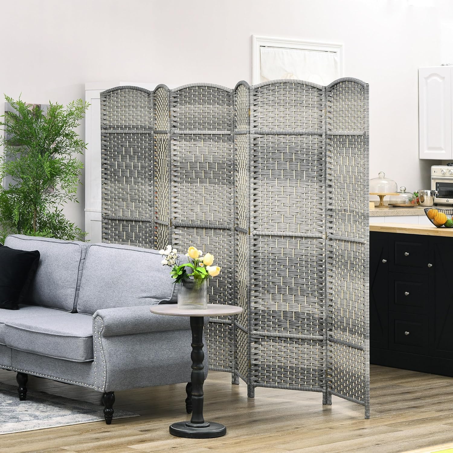 6 Panel Room Divider, 6' Tall Folding Privacy Screen, Hand-Woven Freestanding Wall Partition for Home Office, Bedroom, Mixed Gray