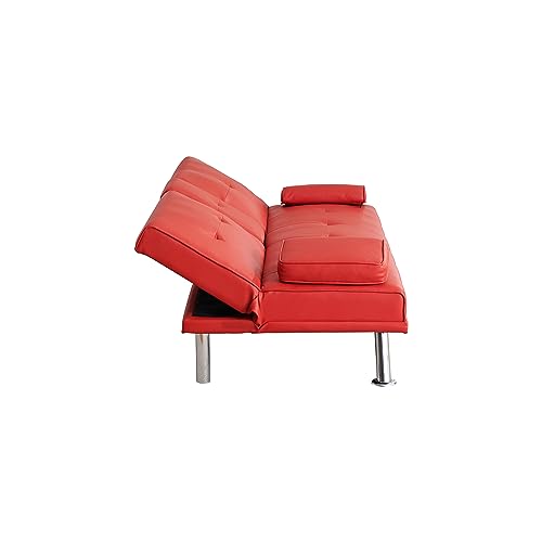 Convertible Folding Futon Sofa Bed - Faux Leather Upholstered Loveseat with Removable Armrests, Metal Legs, Cup Holders - Ideal for Living Room,Red
