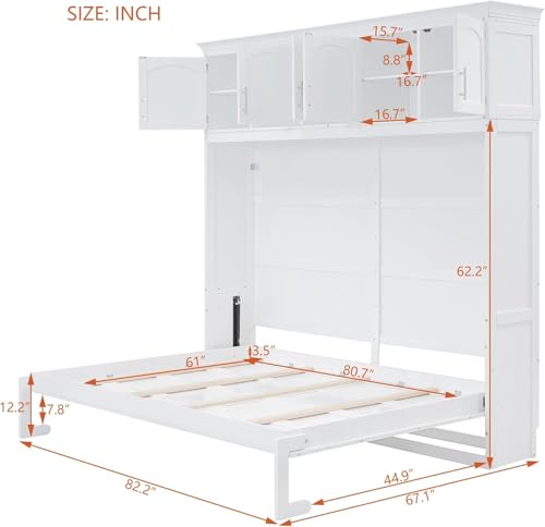 MERITLINE Queen Horizontal Murphy Bed Cabinet with Storage Bookcase Shelves and Charging Station,Wood Folding Grey Murphy Wall Bed for Adult