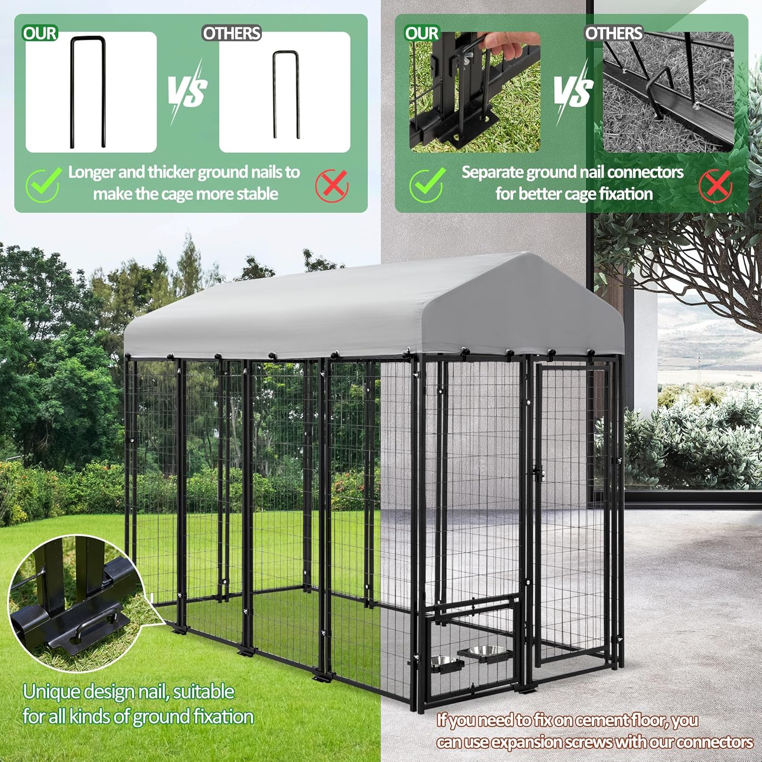 Large Dog Kennel Outdoor Dog House, Heavy Duty Welded Wire Steel Fence Dog Cage with Waterproof UV-Resistant Cover, Feeding Door and Secure Lock (8x4x6 ft)