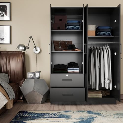 4 Doors Wardrobe 2 Drawers with Shelves 72" high (White)