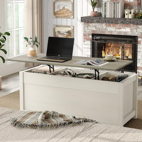 Lift Top Coffee Table with Storage, 47.3'' White Farmhouse Center Table with Sliding Ironmesh Doors, Rustic Brown Top Rectangular Coffee Table for Living Room