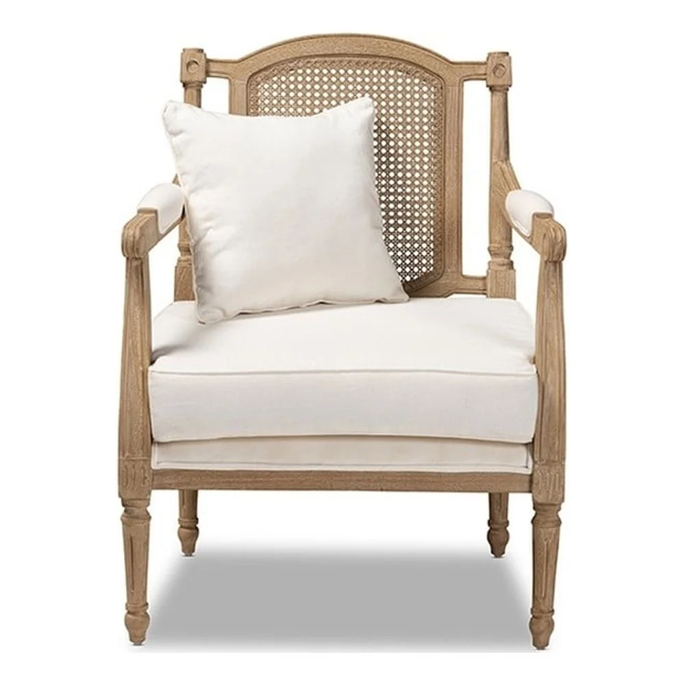 Baxton Studio Clemence French Provincial Ivory Fabric Upholstered Whitewashed Wood Armchair, Ivory, Oak
