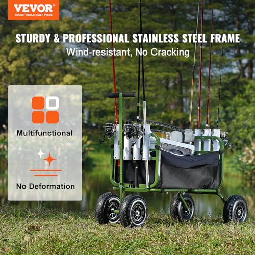 VEVOR Beach Fishing Cart, 300 lbs Load Capacity, Foldable Fish and Marine Cart with Four 11" Big Wheels Rubber Balloon Tires for Sand, Heavy-Duty Steel Pier Wagon Trolley with 8 Rod Holders for Picnic