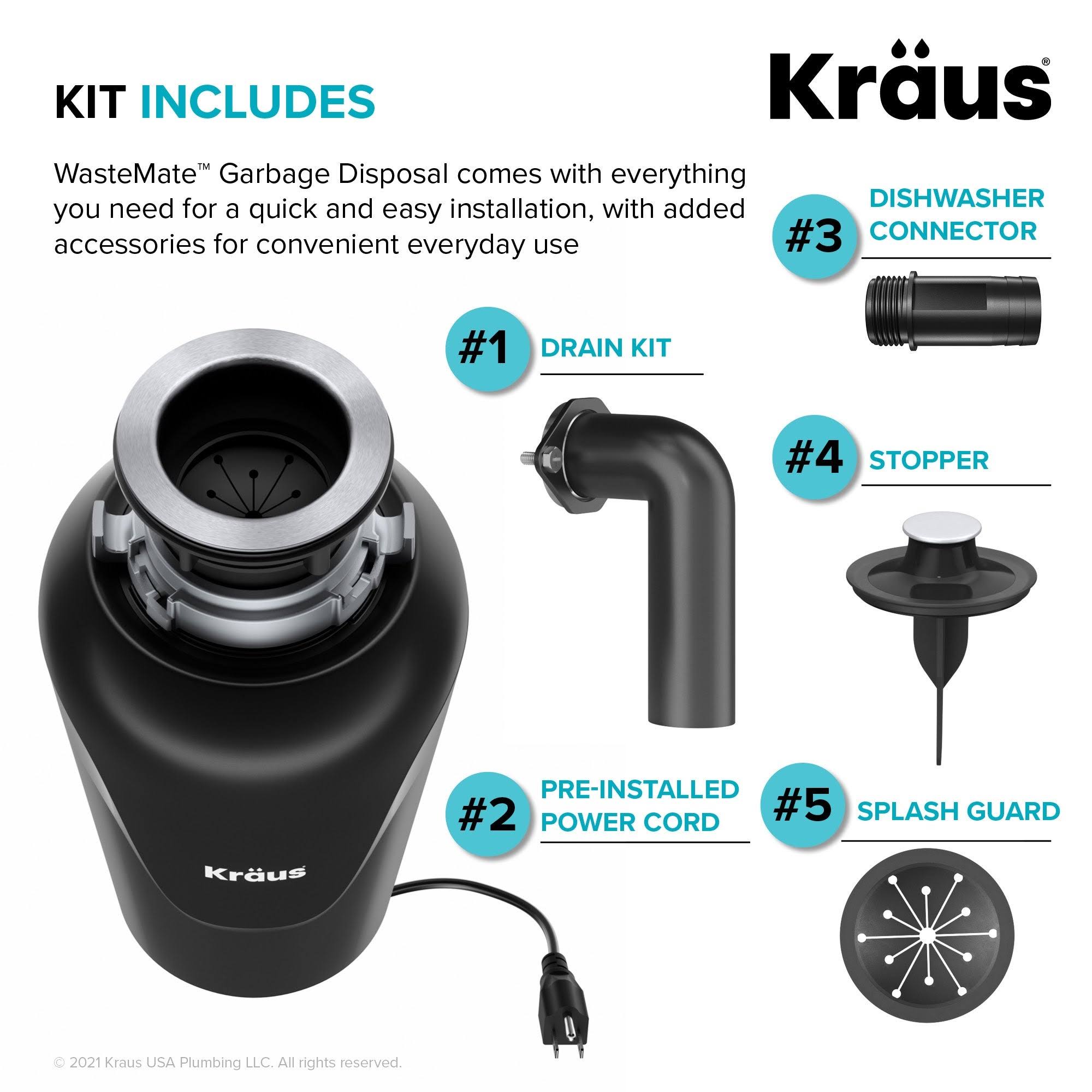 Kraus KWD100-75MBL WasteMate Continuous Feed Garbage Disposal with 0.75 HP Ultra-Quiet Motor for Kitchen Sinks