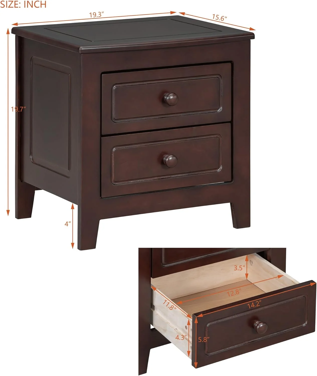 Nightstand With 2 Storage Drawers, Solid Wood Classical End Table Side Table For Bedroom, Living Room, Office, Dark Walnut