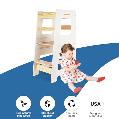 WOOD CITY Kitchen Step Stool - Safe Montessori Standing Tower for Kids with Safety Rail, Height Adjustable Toddler Ideal Helper for Learning New Skills, Anti-Slip Protection for Bathroom - Green…