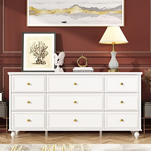 FAMAPY Chest of Drawers White Dresser 9 Drawer Dresser Modern Chest Dresser with Gold Metal Handles & Wooden Legs, Large Contemporary Dresser for Bedroom (63”W x 15.7”D x 31.5”H)