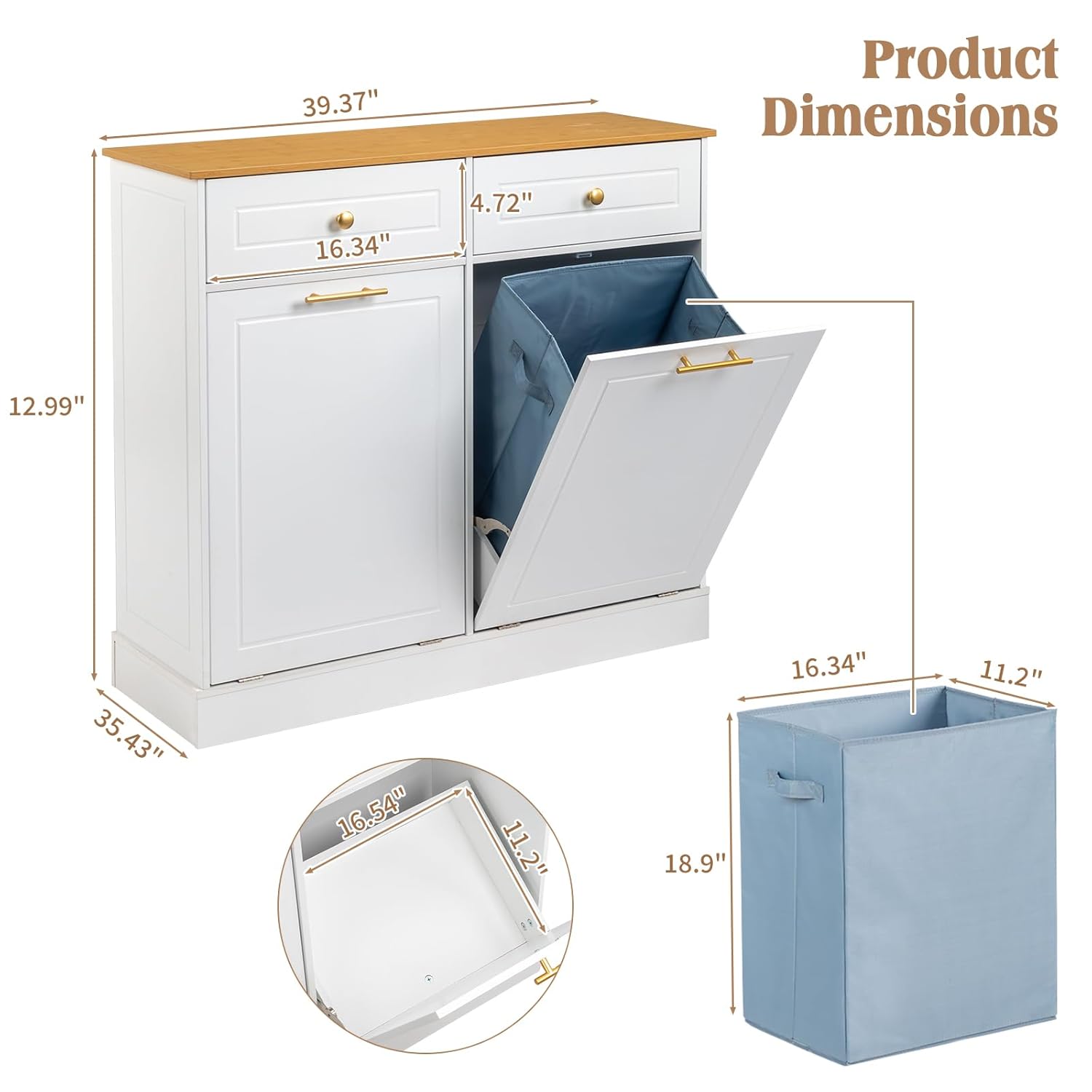 Kitchen Trash Can Cabinet - Freestanding Garbage Storage Cabinet - Tilt Out Trash Cabinet with Drawer and Laundry Hamper - Pet-Proof Recycling Trash Bin Cabinet - 2 Doors 2 Drawers 2 Baskets - White