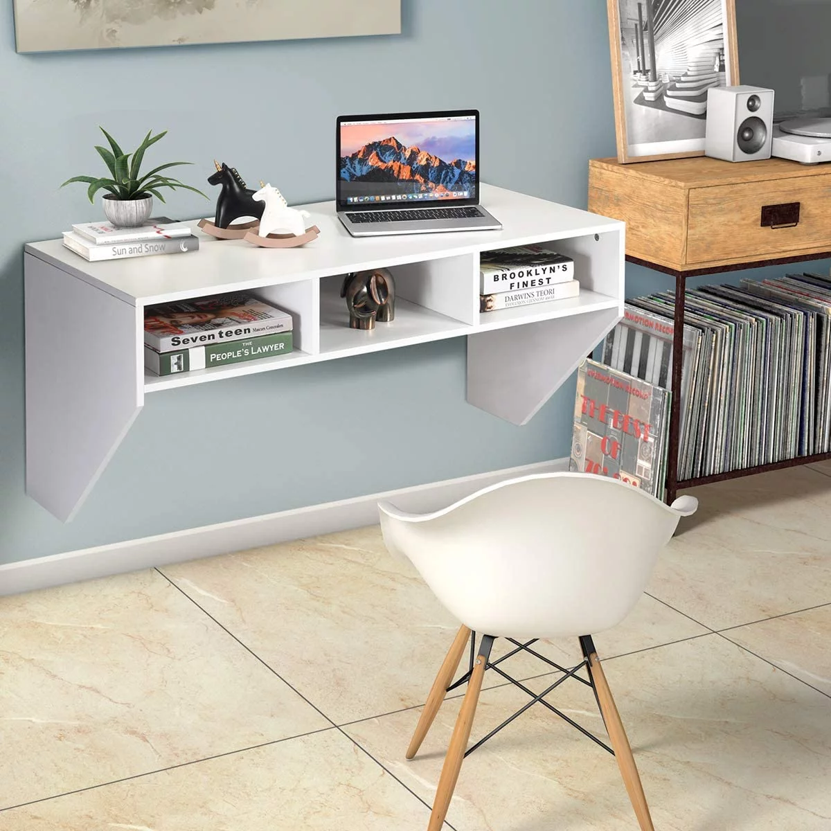 Wall Mounted Desk Floating Computer Desk, Writing Study Table W/3 Storage Shelves, Laptop PC Table for Living Room, Bedroom, Office (Black)