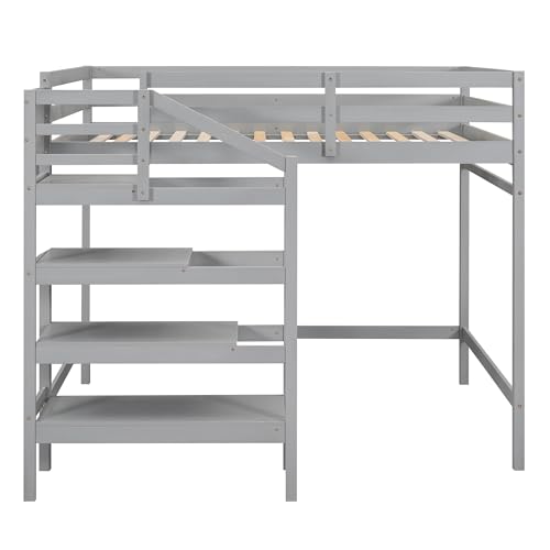 Harper & Bright Designs Full Loft Bed with Staircase and Storage Wardrobe, Wooden Full Size Loft Bed Frame with Storage Shelf, High Full Loft Beds for Kids Boys Girls Teens Dorm Bedroom (Full, Gray)