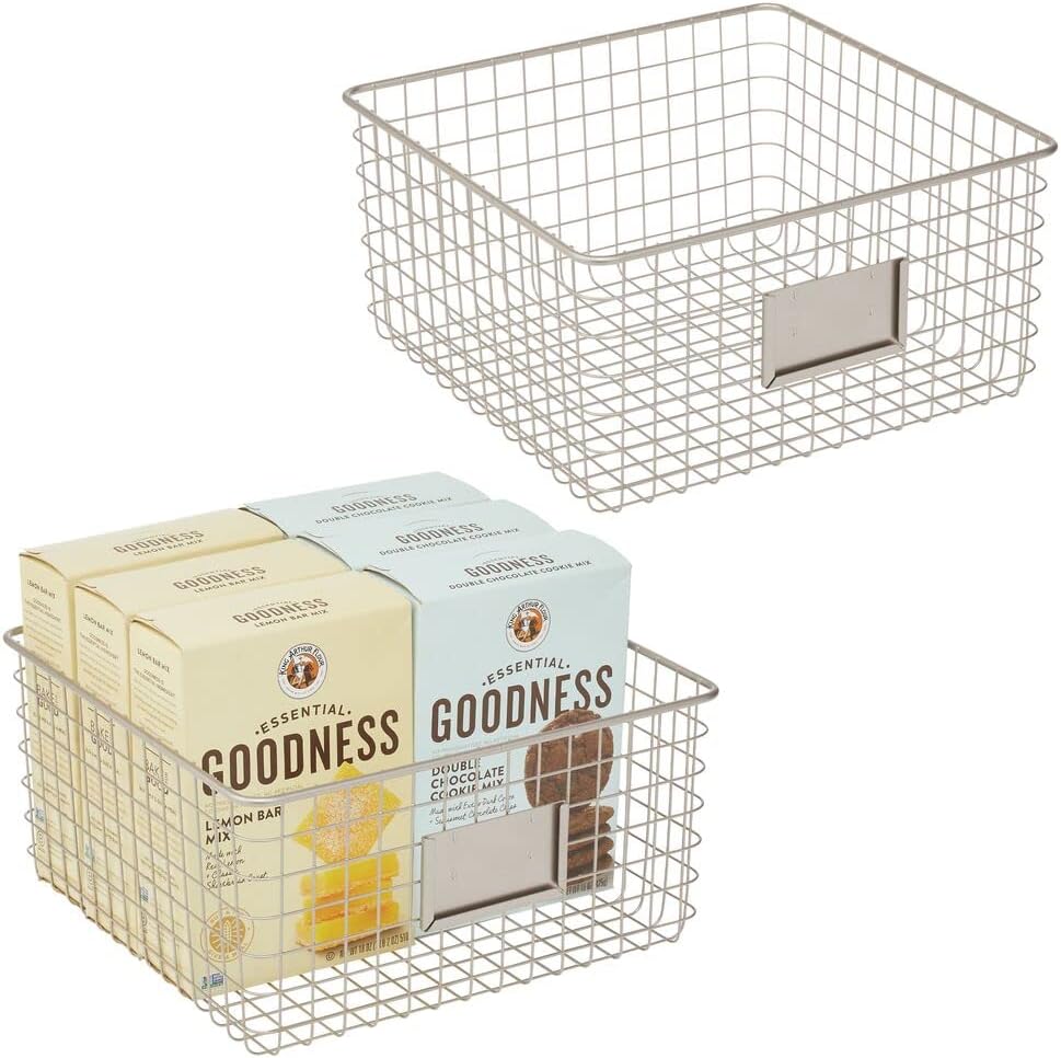 mDesign Farmhouse Decor Metal Wire Food Organizer Storage Bin Basket with Label Slot for Kitchen Cabinets, Pantry, Bathroom, Laundry Room, Closets, Garage - 2 Pack - Matte Black Pack of 2