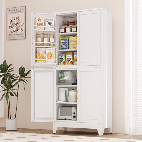 75.2" Tall Metal Pantry Cabinet, Storage Cabinets with 4 Door and 4 Adjustable Shelves, Black Kitchen Pantry Storage Cabinet, Freestanding Cupboard for Kitchen Dining Room Living Room Bathroom