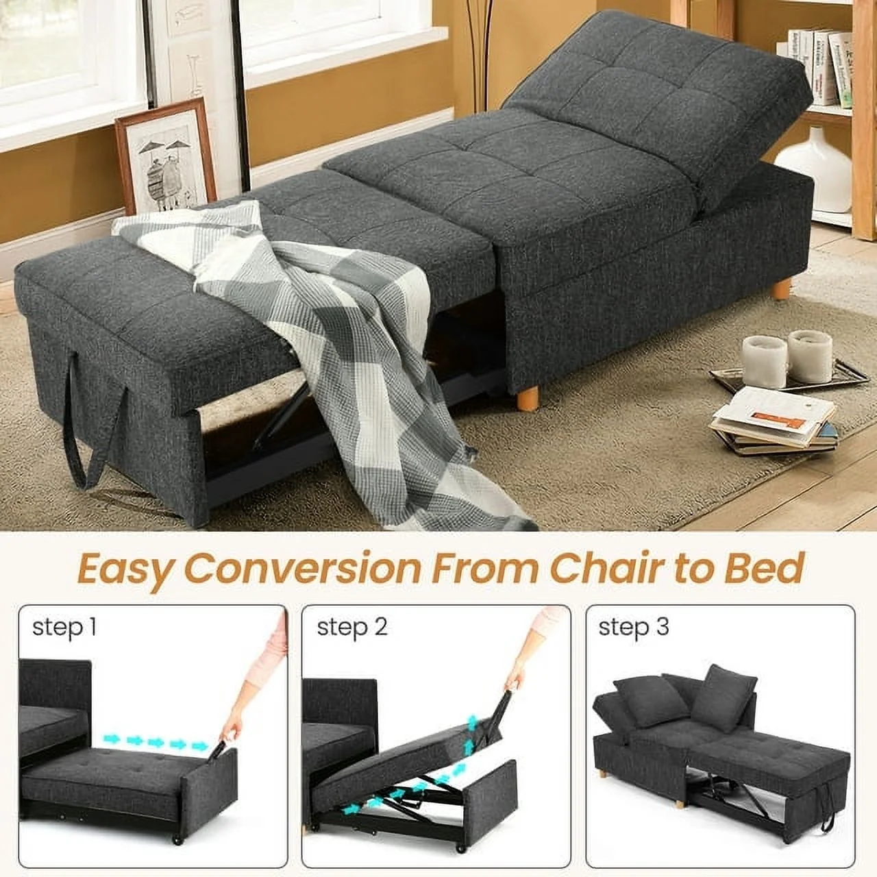 Linen Sofa Beds Chair, 4 in 1 Convertible Chair Sleeper Bed with 5 Adjustable Backrest and 2 Pillows, Black