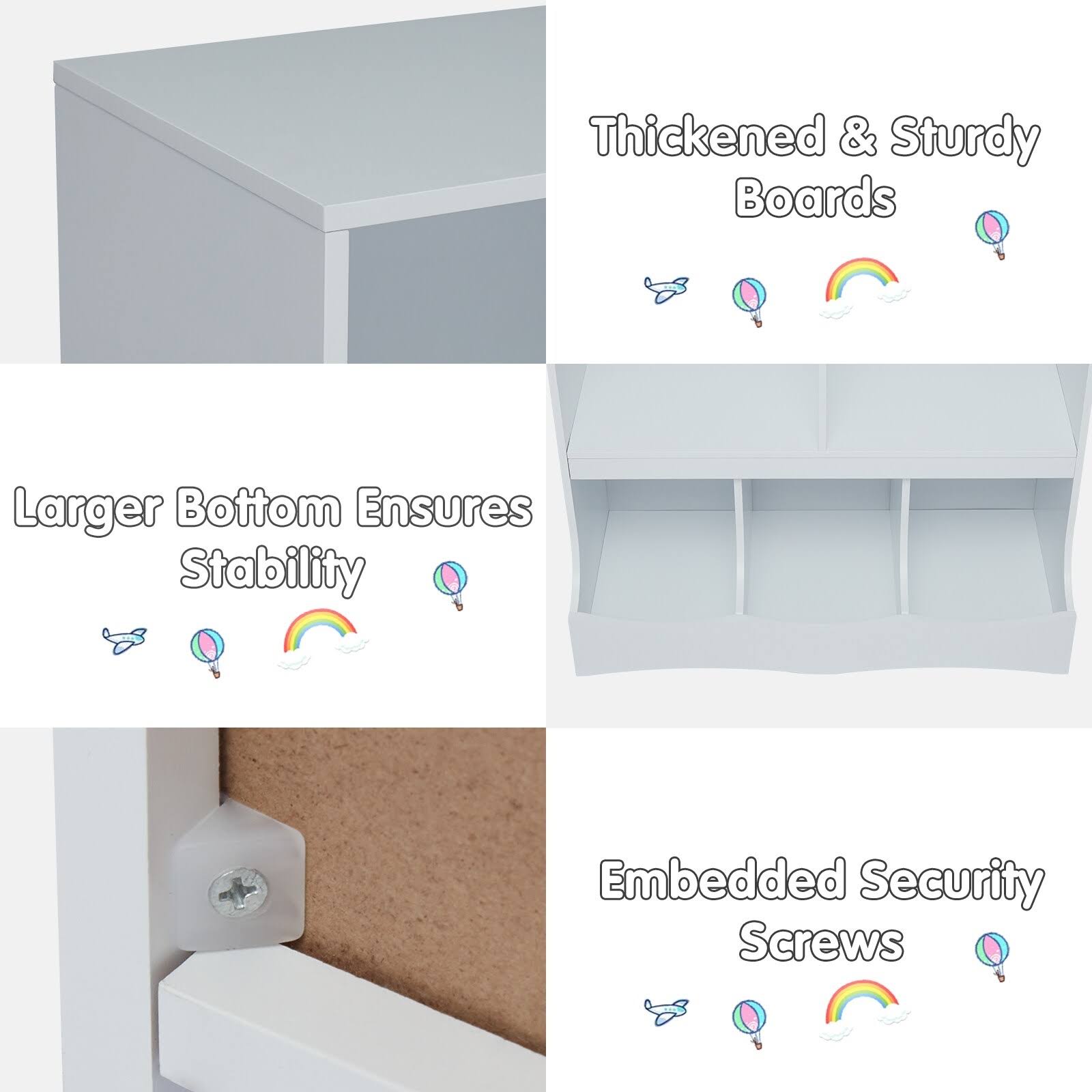 Kinbor Kids Multi-Bin Storage Organizer Cabinet Bookcase with 2 Shelf and 3 Bin Cubby Unit for Children Playroom, Decor Room - W