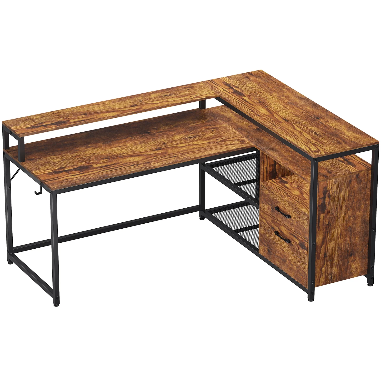 Brown L Shaped Cpomputer Desk with LED Lights and Printer Storage Shelves,55" Home Office Desk with 2 Drawers,Morden Gaming Desk