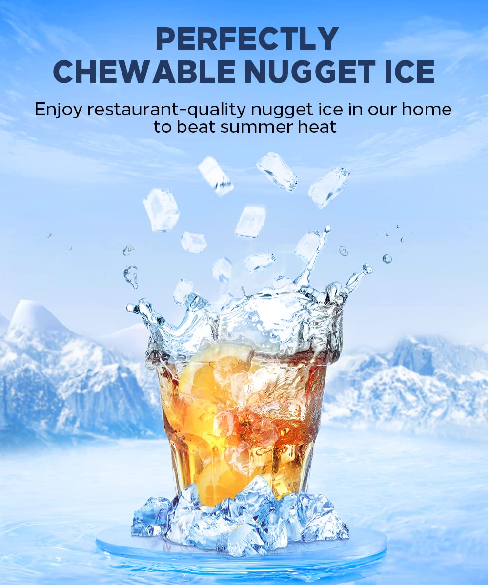 Kndko Self Dispensing Countertop Nugget Ice Maker, Nugget Ice Maker Countertop, 55lbs/24H,Pebble Ice Maker with Self-Cleaning,Crushed Ice Makers for Home Kitchen Bar Party Silver