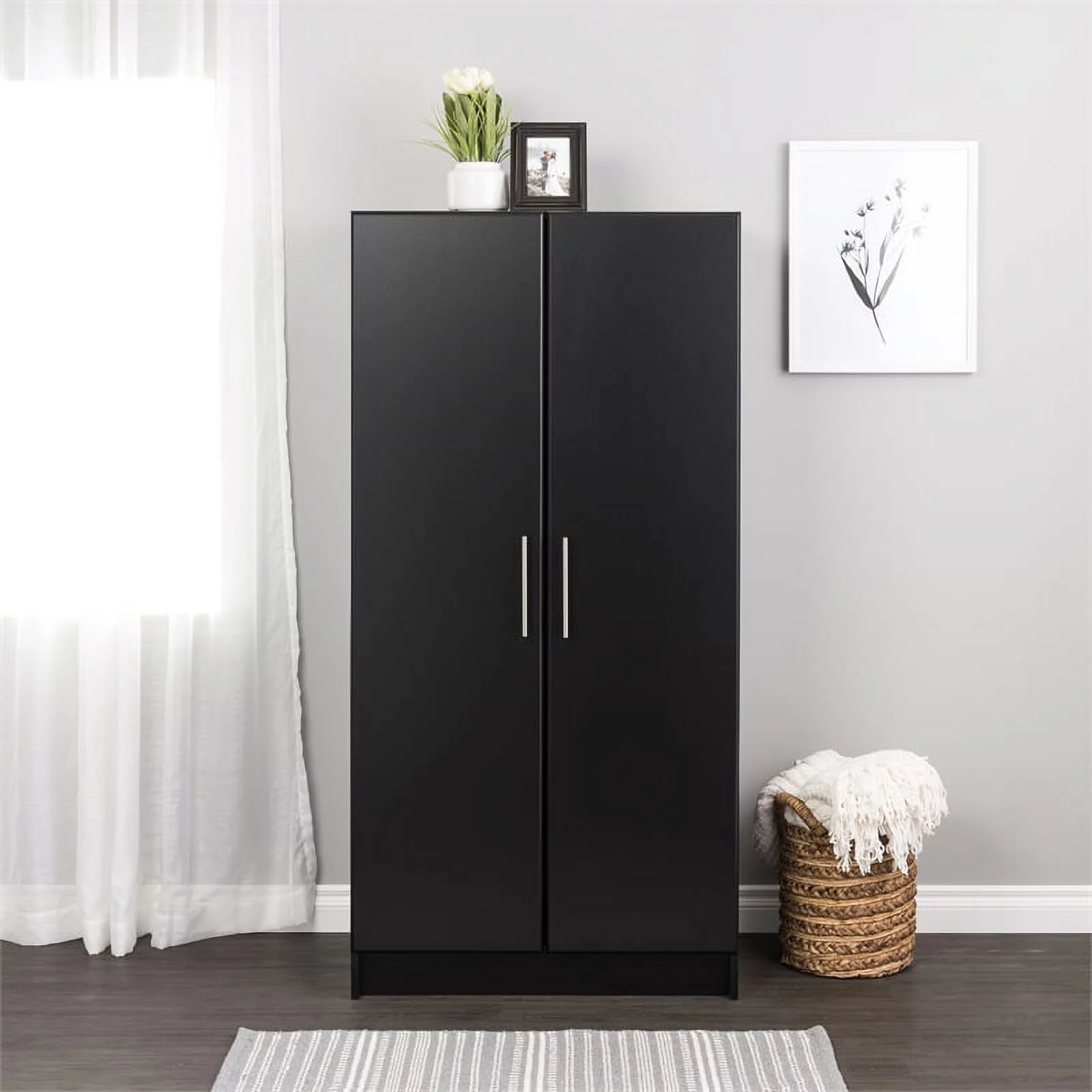 Prepac Elite 32" Storage Cabinet Armoire, Black Storage Cabinet, Linen Cabinet, Wardrobe Cabinet with Hanging Rail and Shelves 21" D x 32" W x 65" H, BESW-3264-K