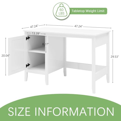 47" Executive Desk,Farmhouse Computer Desk with Drawers and Cabinet，Wood Home Office Desk，Rattan Wicker Desk for Bedroom, White
