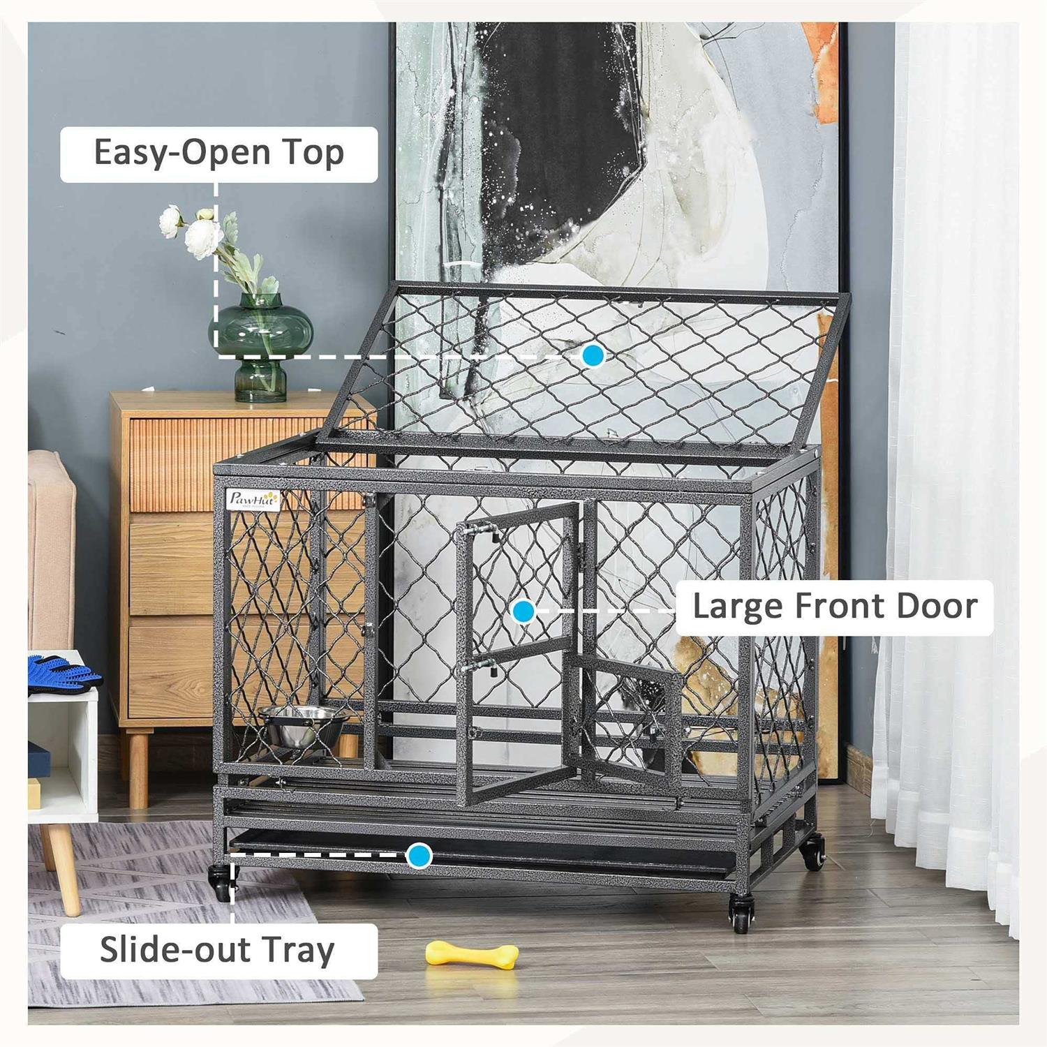 Pawhut Heavy Duty Dog Crate Metal Kennel and Cage Dog Playpen with Lockable Wheels, Slide-out Tray, Food Bowl and Double Doors - Pet Supplies online store