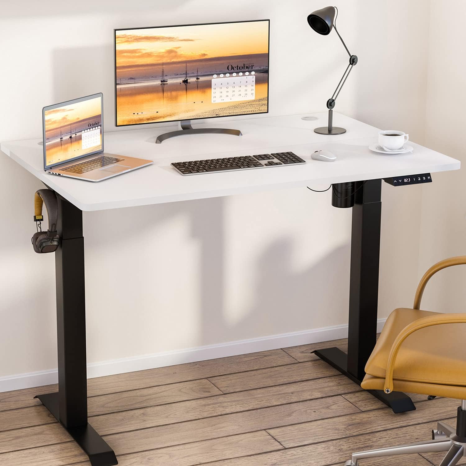 Meilocar Height Adjustable Electric Standing Desk, Sit Stand Computer Desk w/Memory Controller, Home Office Workstation Stand up Desk w/Splice Board, 48 x 24 Splice Board (Black Top + Black Frame)