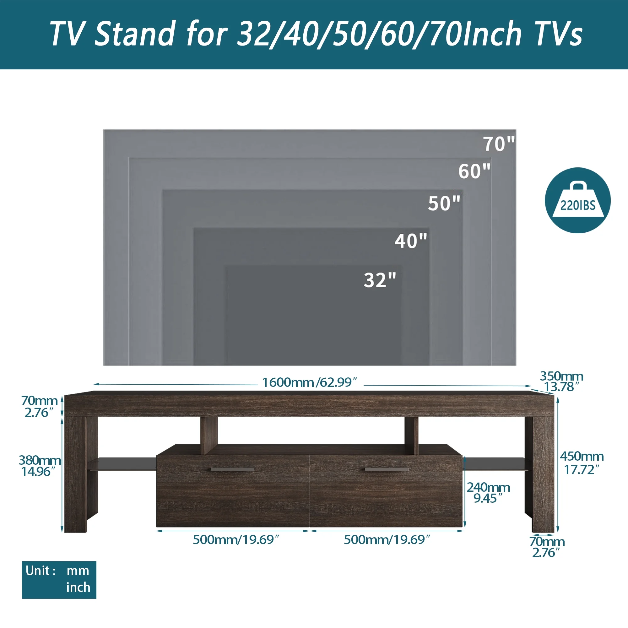 SYNGAR Brown TV Stand for Living Room up to 70" TV, Farmhouse TV Console Table Buffet Cabinet with Storage, Rustic Wooden TV Cabinet with 16-Color LED Lights, Entertainment Center, 63"L×14"W×18"H