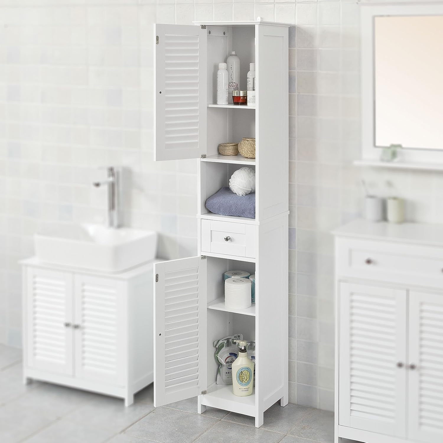 Haotian White Floor Standing Tall Bathroom Storage Cabinet with Shelves and Drawers,Linen Tower Bath Cabinet, Cabinet with Shelf,FRG236-W