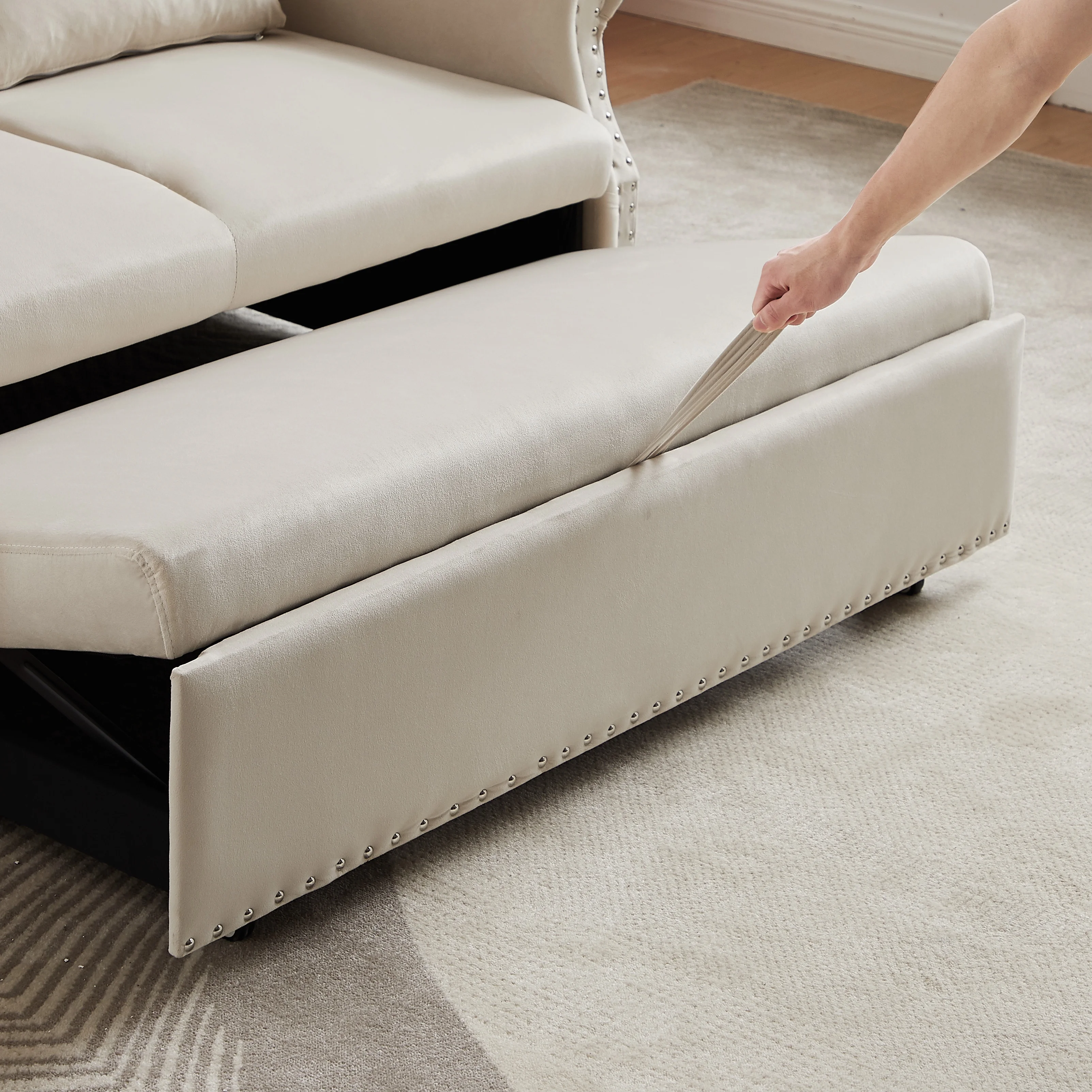 Bellemave 55" Pull Out Sleeper Sofa Bed, Sleeper Loveseats Sofa Couch with Adjustable Backrest, 2 Caster Wheels and 2 Lumbar Pillows for Living Room Bedroom Apartment Office (Beige)
