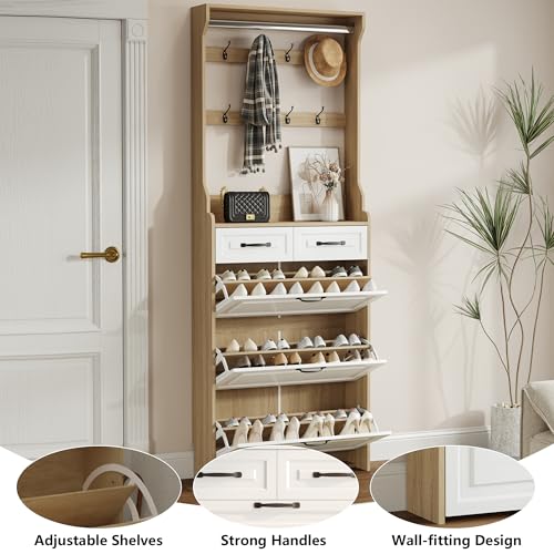 Betoko Hall Tree with Shoes Storage,Farmhouse Entryway Coat Rack Wooden Hallway Mudroom Tree Bench Corner Tree Cabinet with 5 Coat Hooks & 2 Shoes Cabinets and Open Shelf(Rustic White)